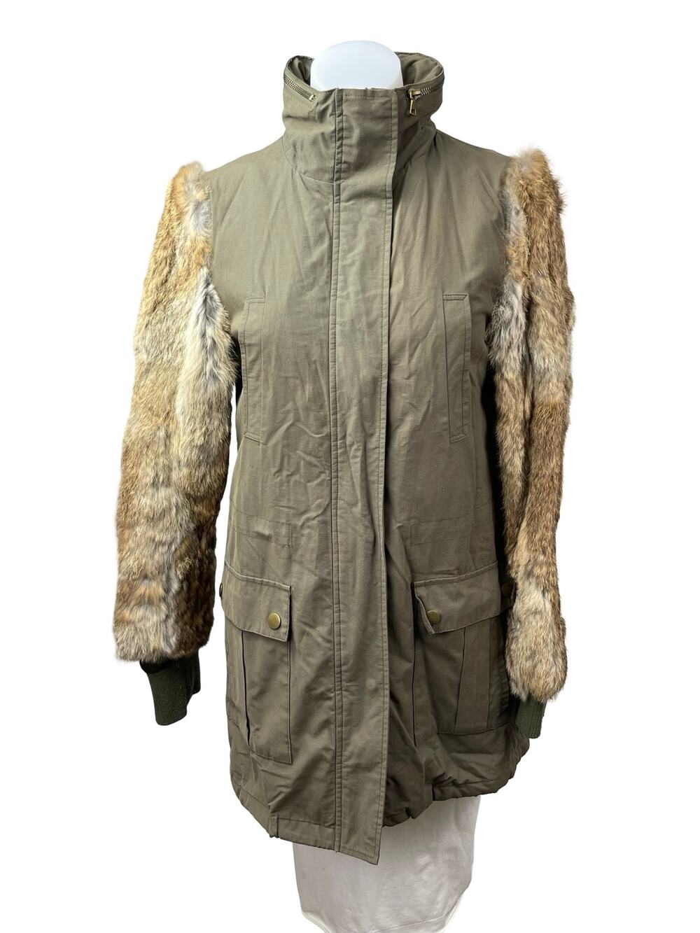 Aqua Genuine Rabbit Fur Long Sleeve Stand Collar Utility Parka Coat Jacket Sz XS